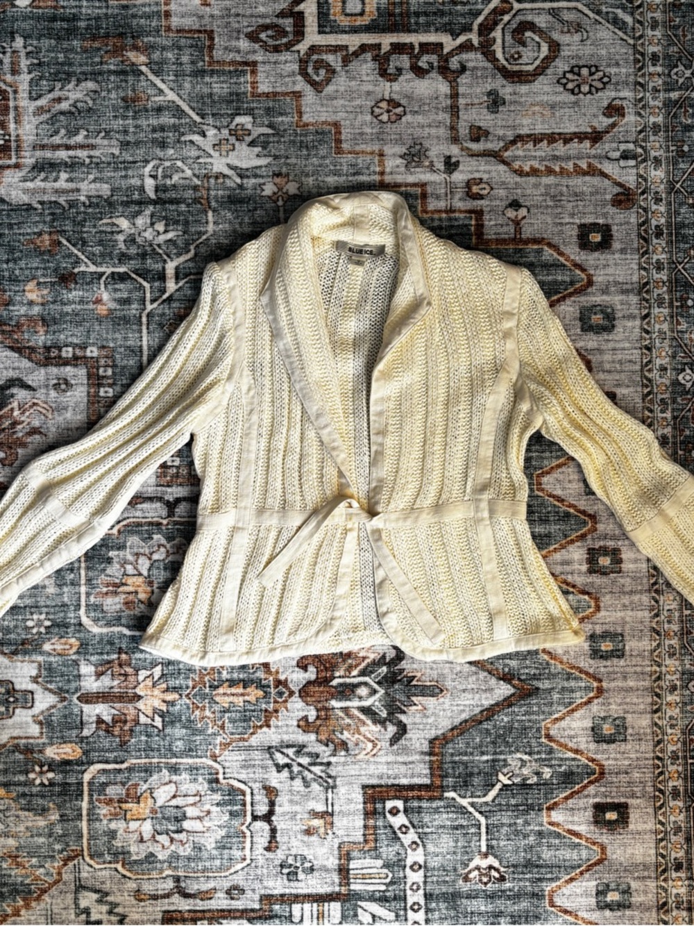 Open-Knit Cream Belted Shawl-Collar Cardigan Vintage